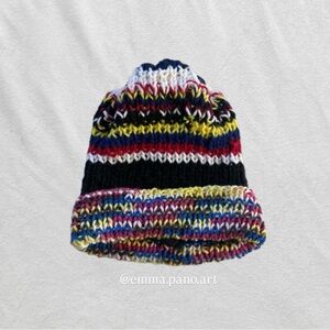hand knit striped black red yellow blue white fisherman beanie hat